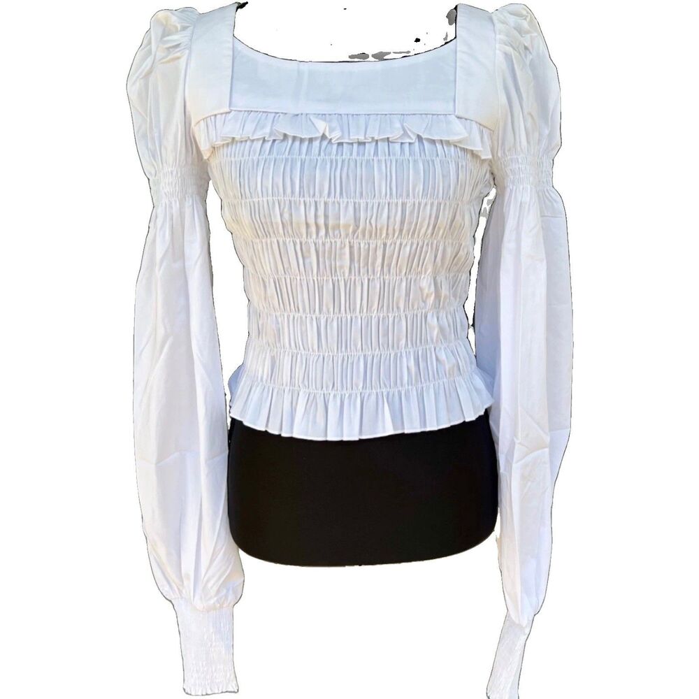 NEW Choosy White Balloon Sleeve Square Neck Smocked Blouse Size XS Romantic